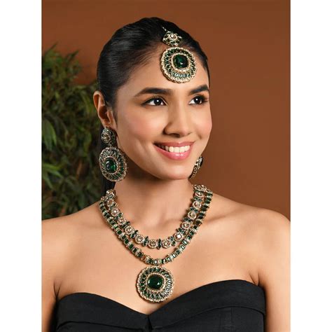 Buy I Jewels Gold-Plated Green Stone Studded Layered Jewellery Set Online