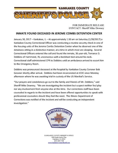 Kankakee County Sheriff's Office - INMATE FOUND DECEASED IN JEROME ...