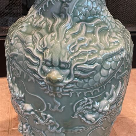 Vintage Celadon Green LARGE Asian Floor Vase Very Ornate Dragons - Etsy