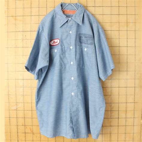 70s 80s USA製 RED KAP レッドキャップ ワッペン シャンブレーワークシャツ ライトブルー メンズL 半袖 アメリカ古着 ...