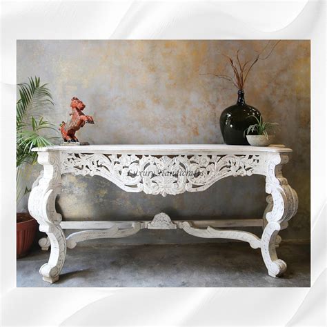 French Style Handcarved Wooden Console White Distress Finish – Luxury ...