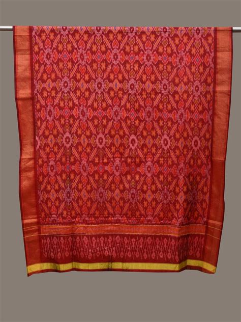 Red Pochampally Ikat Cotton Silk Handloom Dupatta with Grill Design ds ...