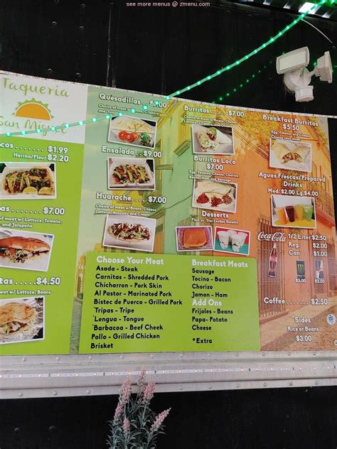 Menu at Taqueria San Miguel restaurant, Bridgeport, 203 US-380