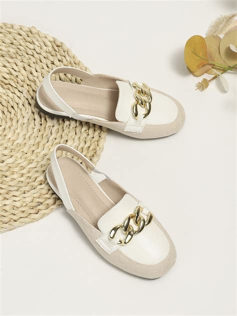 Fashion Slingback Flats For Girls, Two Tone Chain Decor Square Toe ...