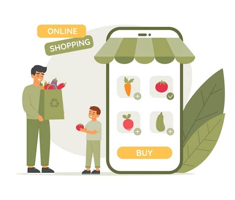 Online shopping concept dad and son buy fresh vegetables from online ...