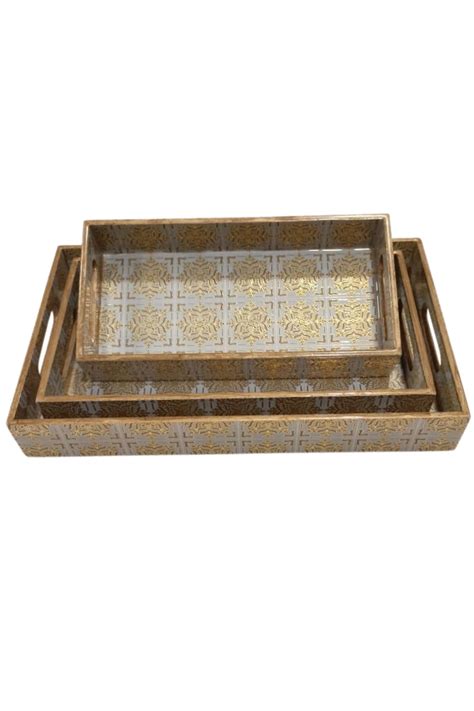 Wooden Serving Tray with Handle Golden Print Rectangular Wood Resin ...