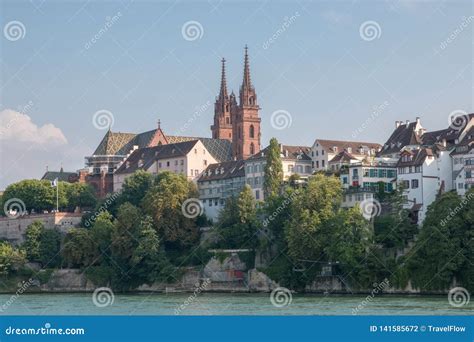 View on Basel City and River Rhine, Switzerland. People Swim in Water ...