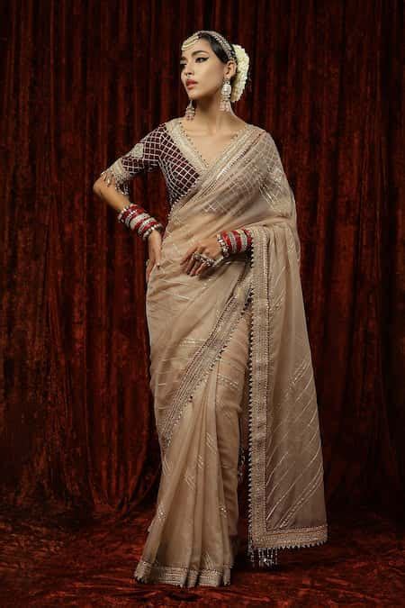 Buy Gold Embroidered Badla V Neck Silk Organza Saree With Gota Blouse ...