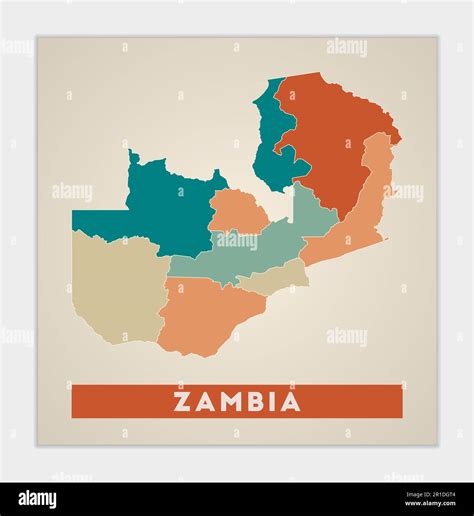 Zambia poster. Map of the country with colorful regions. Shape of Zambia with country name ...