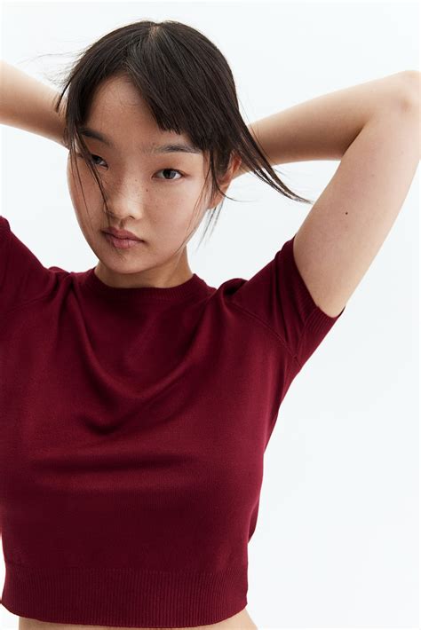 Fine-knit T-shirt - Dark red - Ladies | H&M IN