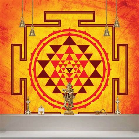 Orange Color Shri Yantra Wallpaper for Pooja Room - Magicdecor®