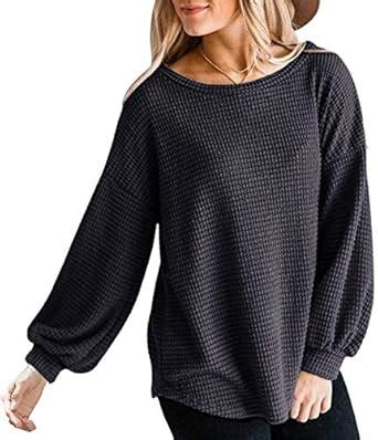 Buy Womens Oversized Waffle Casual Sweatshirts Long Puff Sleeve Drop ...