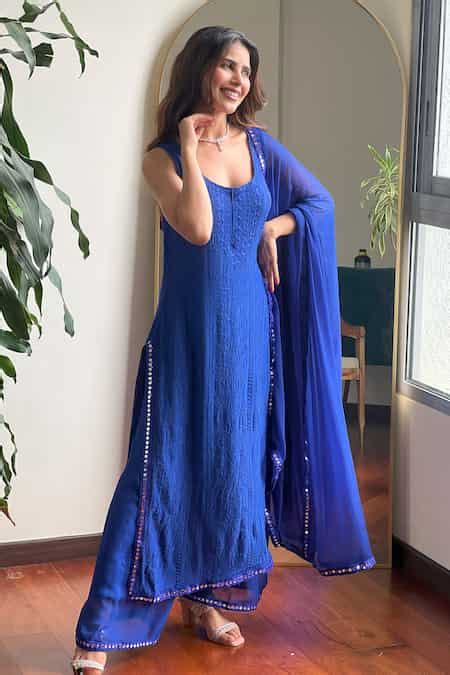 Buy Blue Georgette Embroidery, Mirrors Scoop Neck Floral Stripe Kurta ...