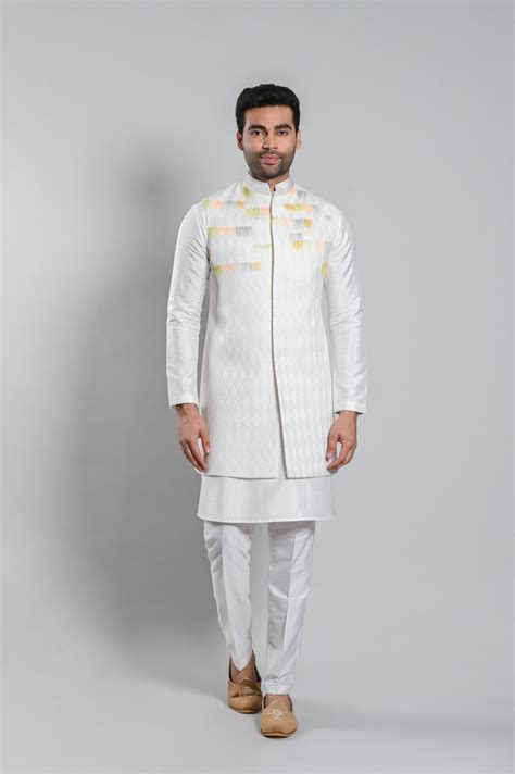 Cream Slim Fit Long Koti Kurta Set in Silk | Shreeman