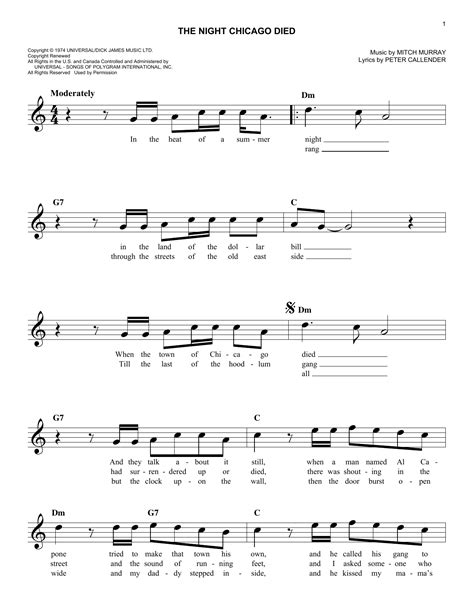 The Night Chicago Died by Paper Lace Sheet Music for Easy Lead Sheet ...