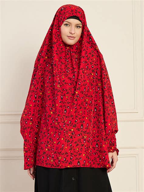 Nabia Red Printed Free Size Prayer Khimar