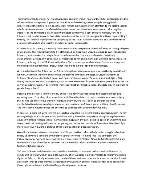 State influence on Women - Feminism, unlike Marxism, has not developed ...