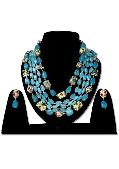 Blue Golden Bead Necklace Set - Elegant Four-Layered Design