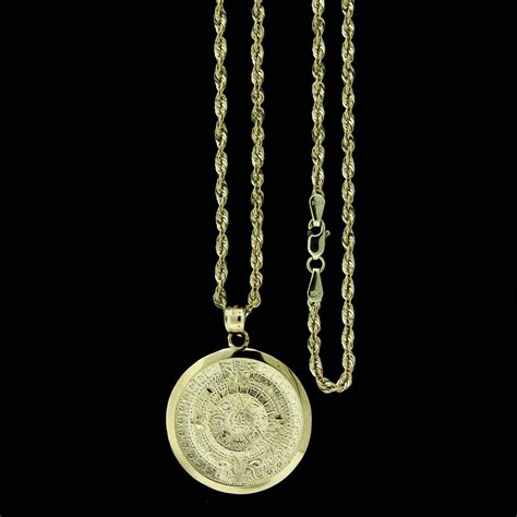 Mens 10K Yellow Gold Aztec Mayan Sun Calendar Pendant & 2.5mm Rope ...