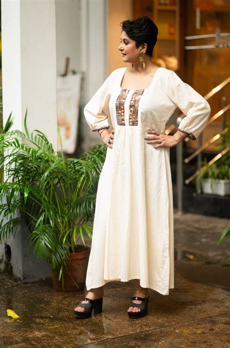 Kachh Border Yoke Empire-Line Cut Dress with Balloon Sleeves - Shohaag