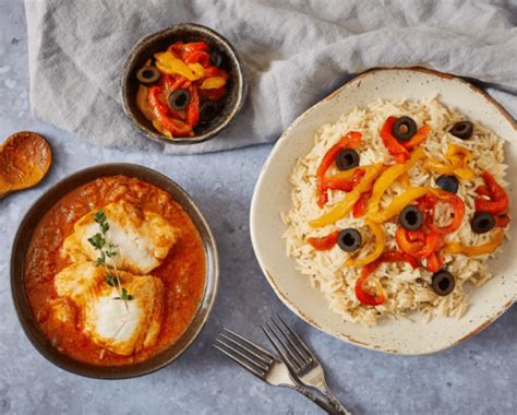 Fish yassa with butter rice, olives and roasted sweet peppers | Tilda