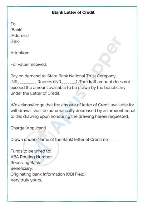 Image result for Letter of Credit Sample Form