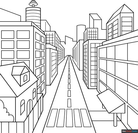 Easy City in One Point Perspective Coloring Page | Easy Drawing Guides