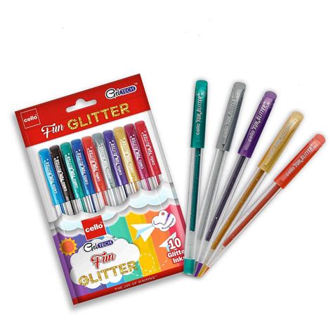 Cello Geltech Fun Glitter Gel Pen (Pack of 10 pens in Multicolour ink ...