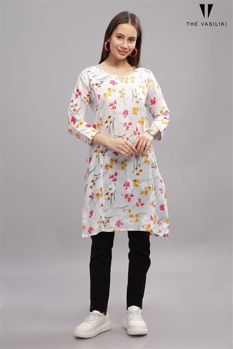 White Mulmul Cotton Chikankari Short Kurti with Pink Florals – The Vasiliki