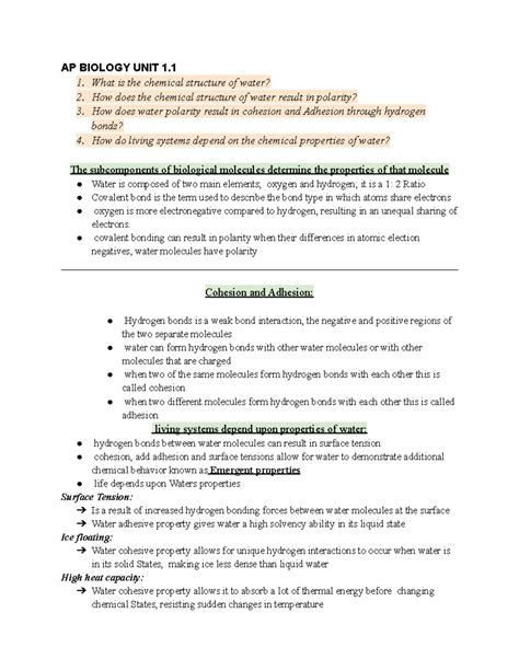 AP Biology notes Unit 1 - AP BIOLOGY UNIT 1. 1. What is the chemical ...