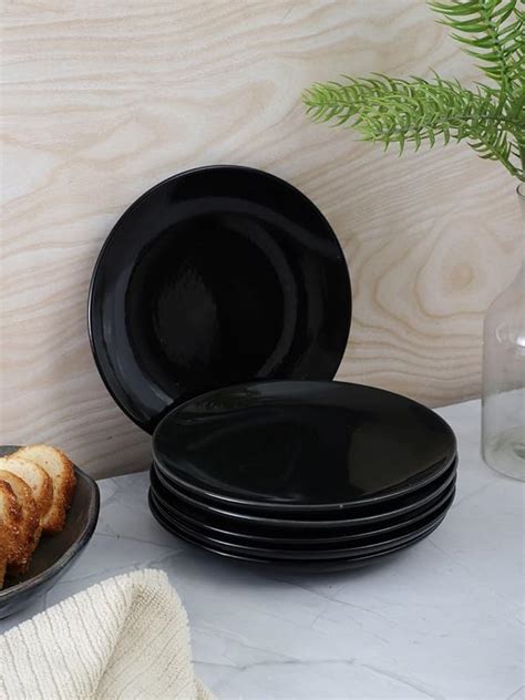 Buy VarEesha Handmade Ebony Glossy Black Ceramic Quarter Plates Set of ...