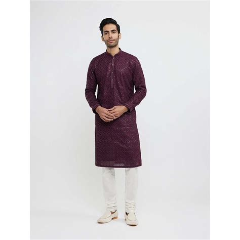 Buy Twamev Men Wine Embroidered Kurta with Churidar (Set of 2) Online