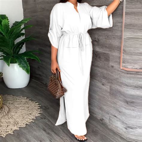 Shop White Mandarin Collared Waist Cinched Dress - for Women | OUTZIDR ...