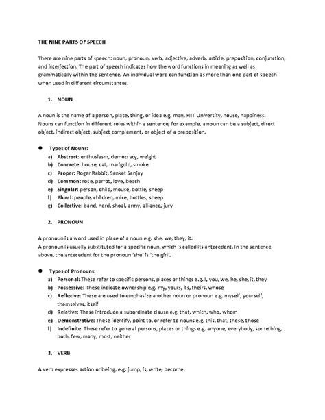 PComm 10 Grammar - Comprehensive Notes on Parts of Speech - Studocu