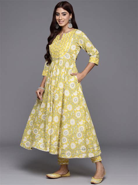Buy Yellow Yoke Design Cotton Anarkali Kurta With Trousers & Dupatta ...
