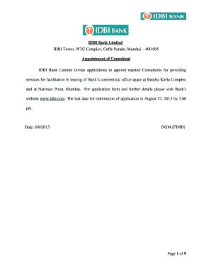 Fillable Online Advertisement & Application Form - IDBI Bank Fax Email ...