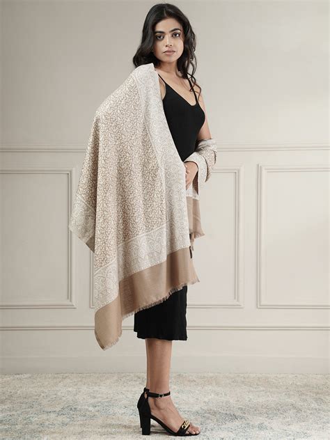Floral All-over Kani Weave Woolen Stole with Paisley Border | Beige ...