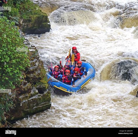 White water rafting on the river Dee, at Llangollen, Denbighshire ...