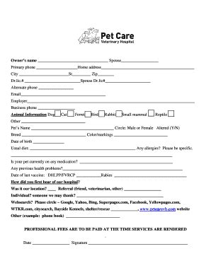 Fillable Online Client Front Sheet - Pet Care Veterinary Hospital Fax ...