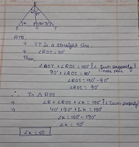 e) R 40° 55° x 90° S 35° T Find x in the photo - Brainly.in