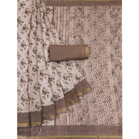 Brown Floral Printed Cotton Blend Saree