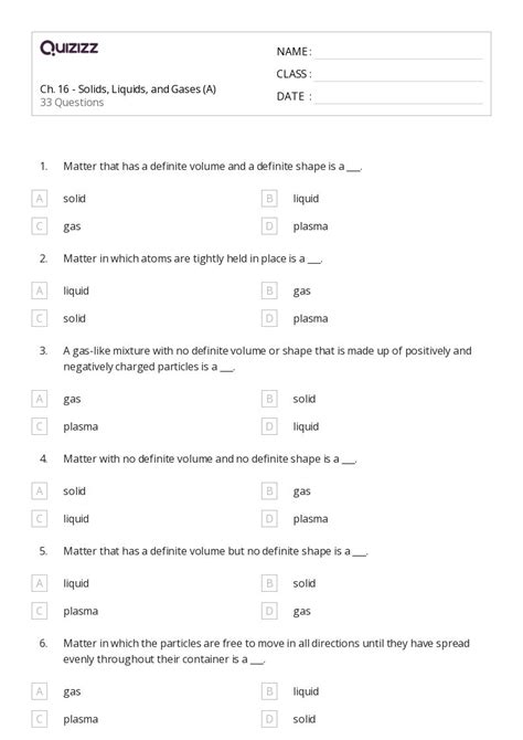 50+ solids liquids and gases worksheets for 9th Class on Quizizz | Free ...