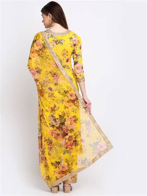 Mustard Floral Kurti with Straight Palazzo and Dupatta – anokherang