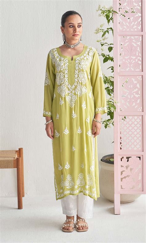 Handcrafted Chikankari Green Straight Kurta
