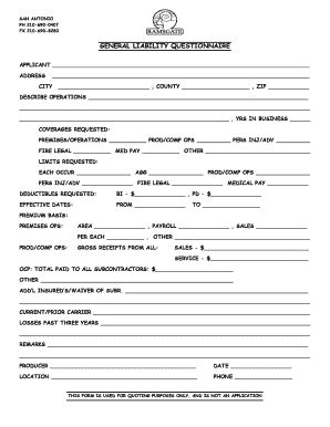 General Liability Questionnaire - Blank Fillable Template | Fill Out ...