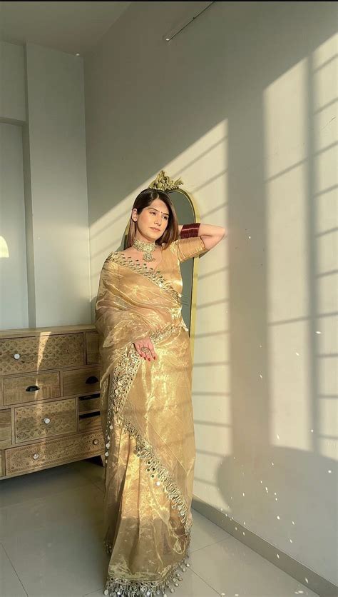 Molten gold chanderi tissue silk saree with dangling mirror work borde ...