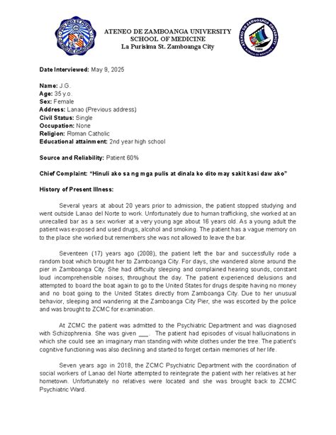 ATENEO DE ZAMBOANGA UNIVERSITY SCHOOL OF MEDICINE Case Study ...