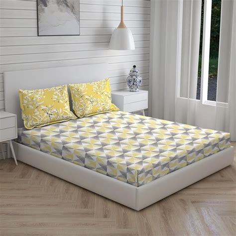 Buy LAYERS Illuminating Homes Yellow Printed Cotton Queen Bedsheet Set ...