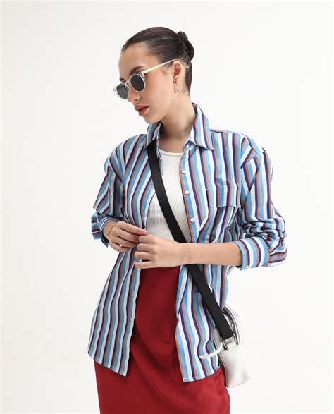 Rareism Women's Oharau Blue Polyester Drop Collar Striped Cuffed Sleev