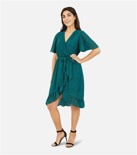Mela Green Spot Frill Wrap Dress | New Look